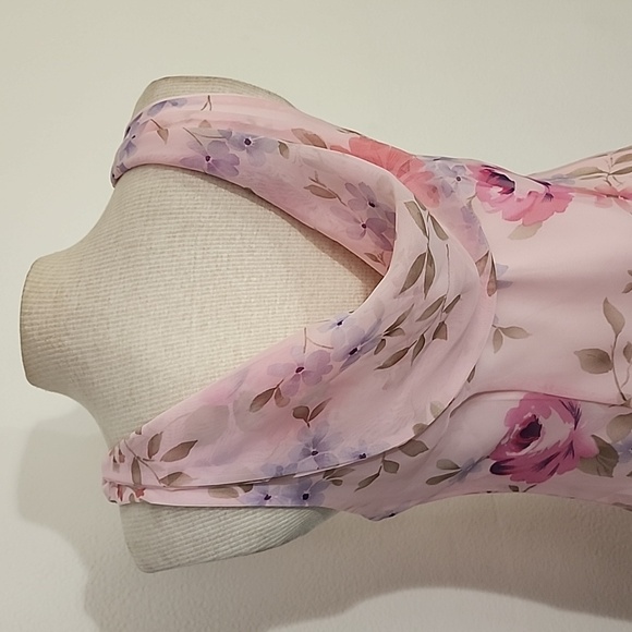 Dress Cowl Drape Back Floral Semi Sheer Overlay Lined Pink Size M - Picture 8 of 9